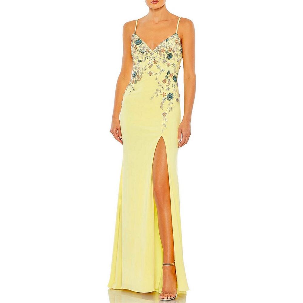 Mac Duggal 42006 Floral Beaded A-Line Backless Evening Gown Yellow Size 10 Dress